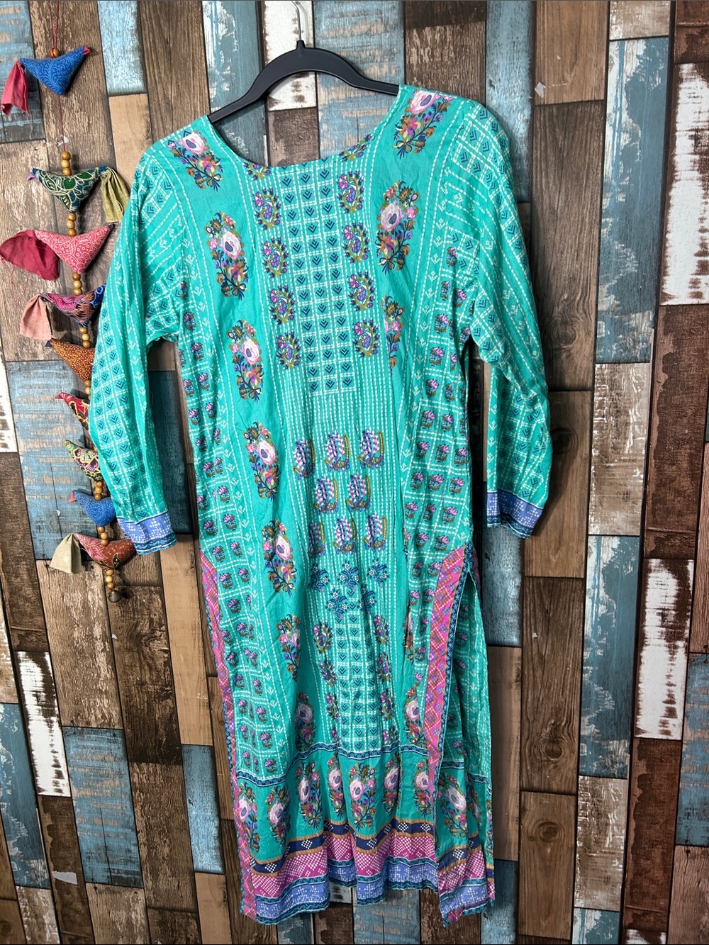 Turquoise Printed Long Sleeve Tunic Dress with Contrast Trim - Picture 14 of 16